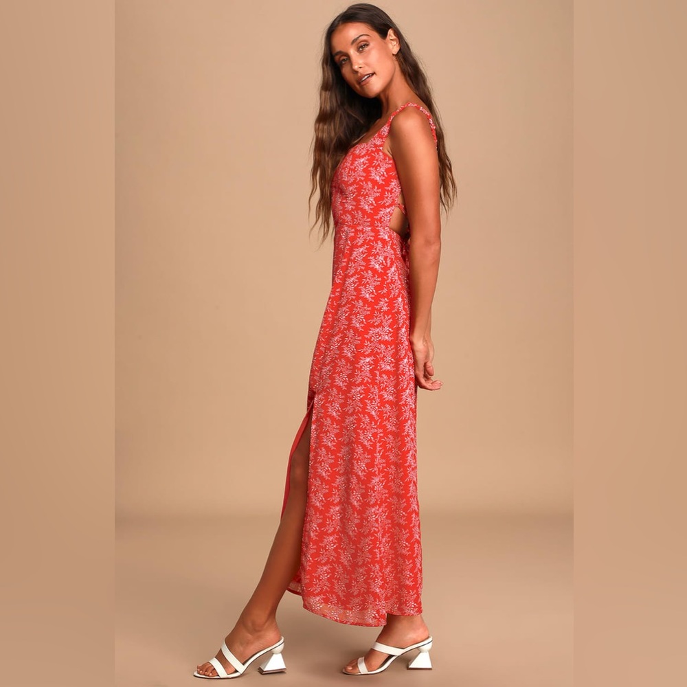 Lulus Back to Backless Red Print Lace-Up Backless Dress - small - NWT